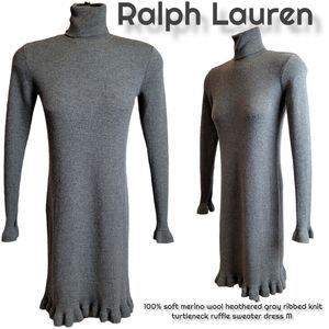 Ralph Lauren merino wool heathered gray ribbed turtleneck ruffle sweater dress M